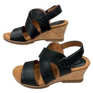EuroSoft by Sofft Black Faux Leather Shandra Cork Wedge Sandals Size 6.5